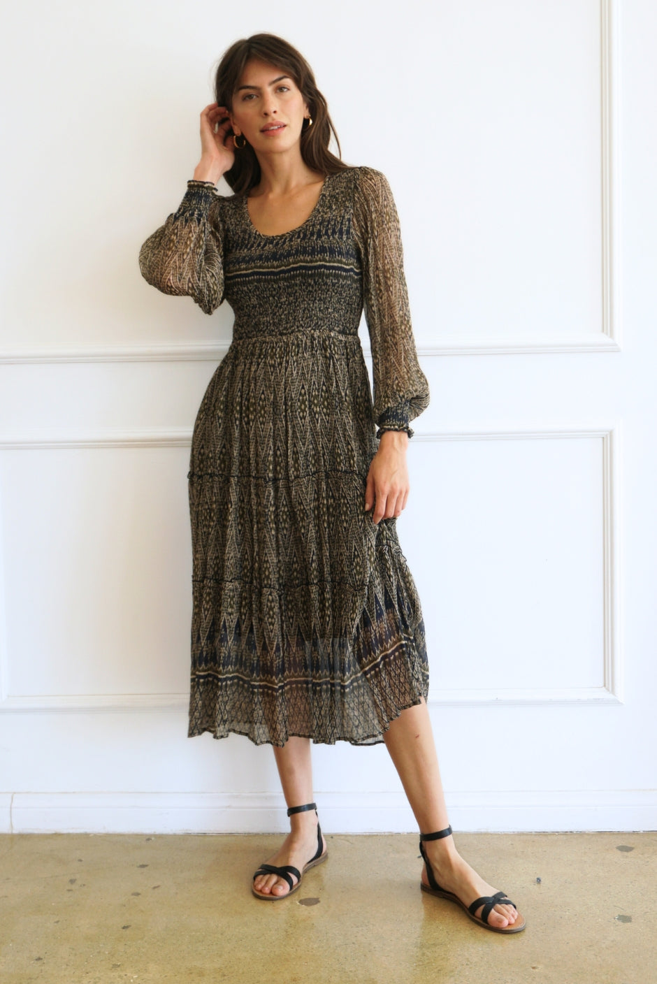 Stella Midi Dress in Olive Ikat