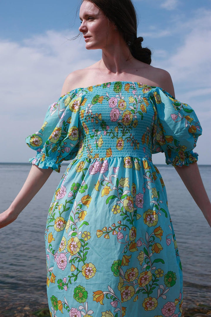 Garden Party Blue Smocked Midi Dress