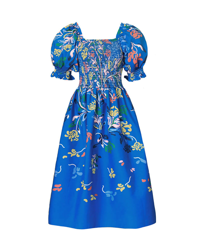 Night Flower Smocked Cotton Silk Midi Dress