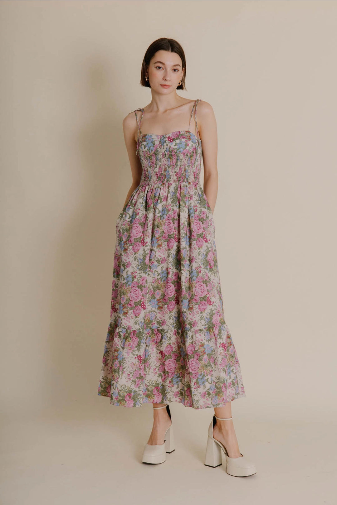 Smocked Bustier Dress in Floral Oyster