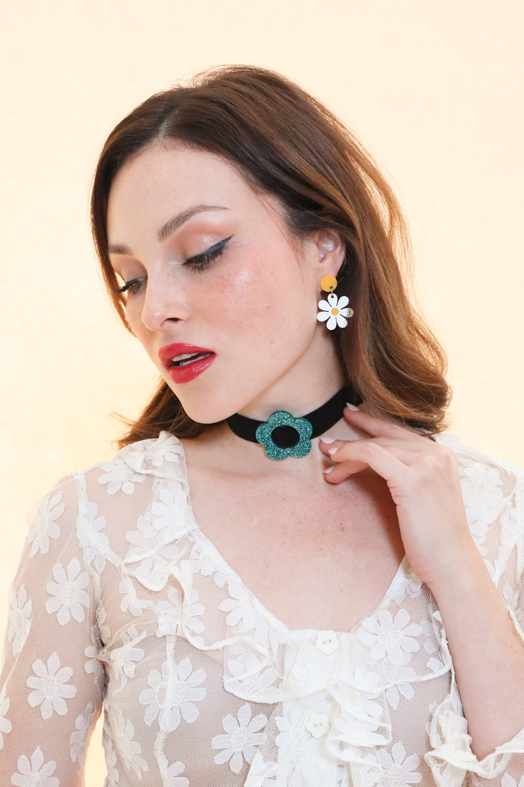 Daisy Velvet Choker - Black/Emerald Glitter