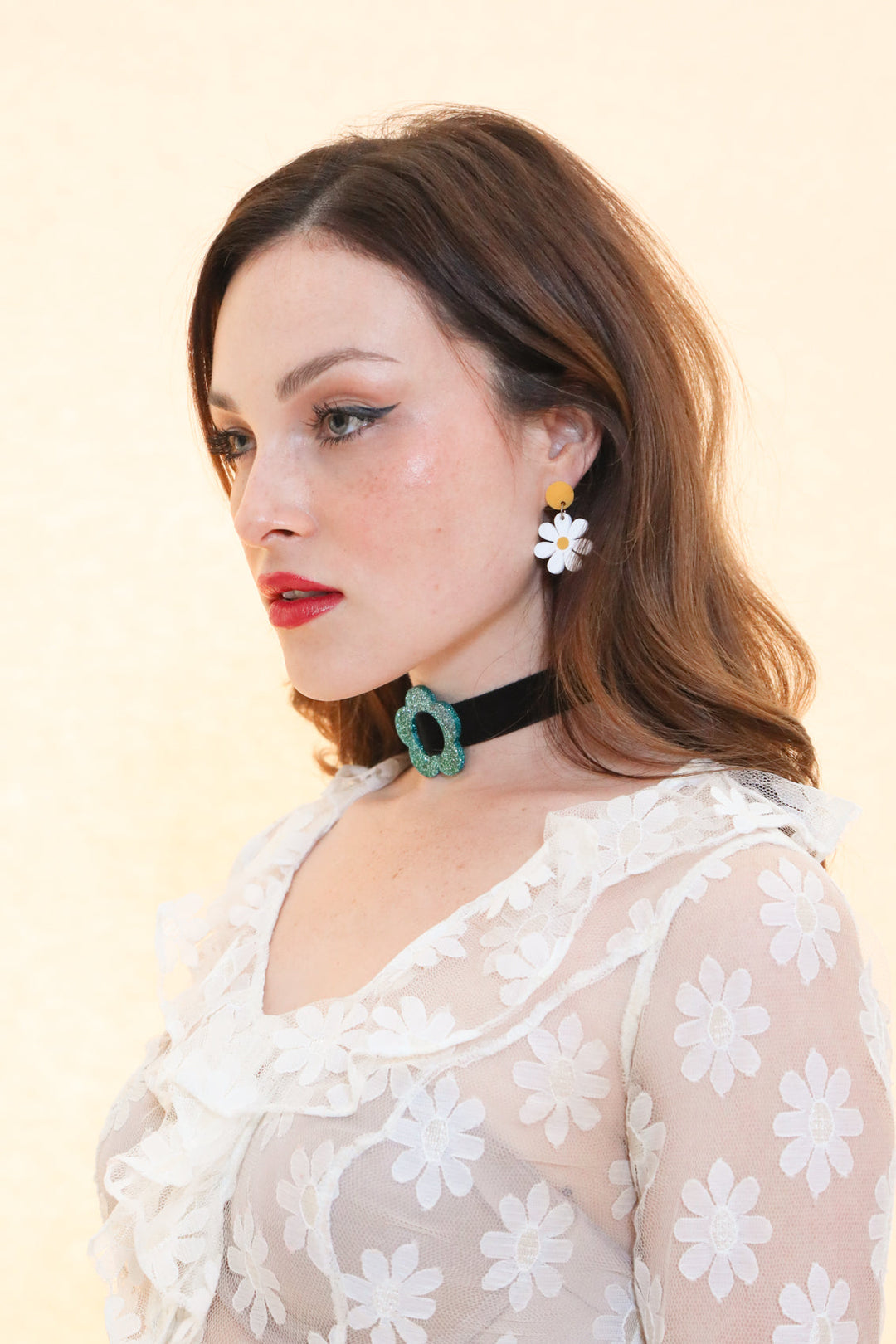 Daisy Velvet Choker - Black/Emerald Glitter