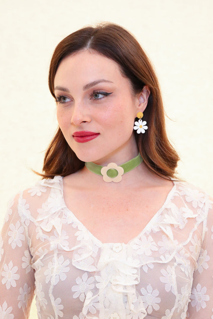 Daisy Velvet Choker - Olive/Cream