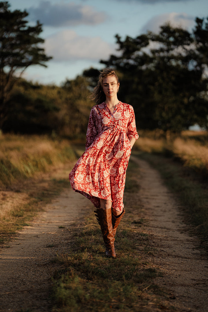 Handblock Print Dress - Red Floral Cotton Dress