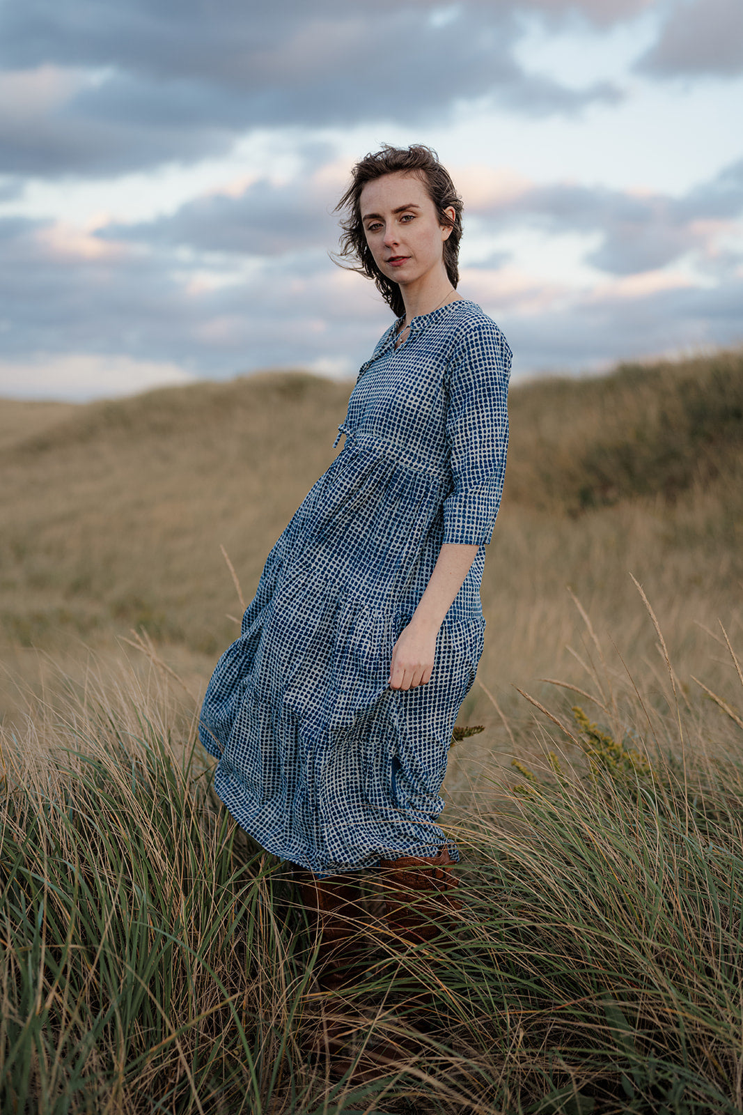 Handblock Print Dress - Blue Indigo Dot Cotton Dress