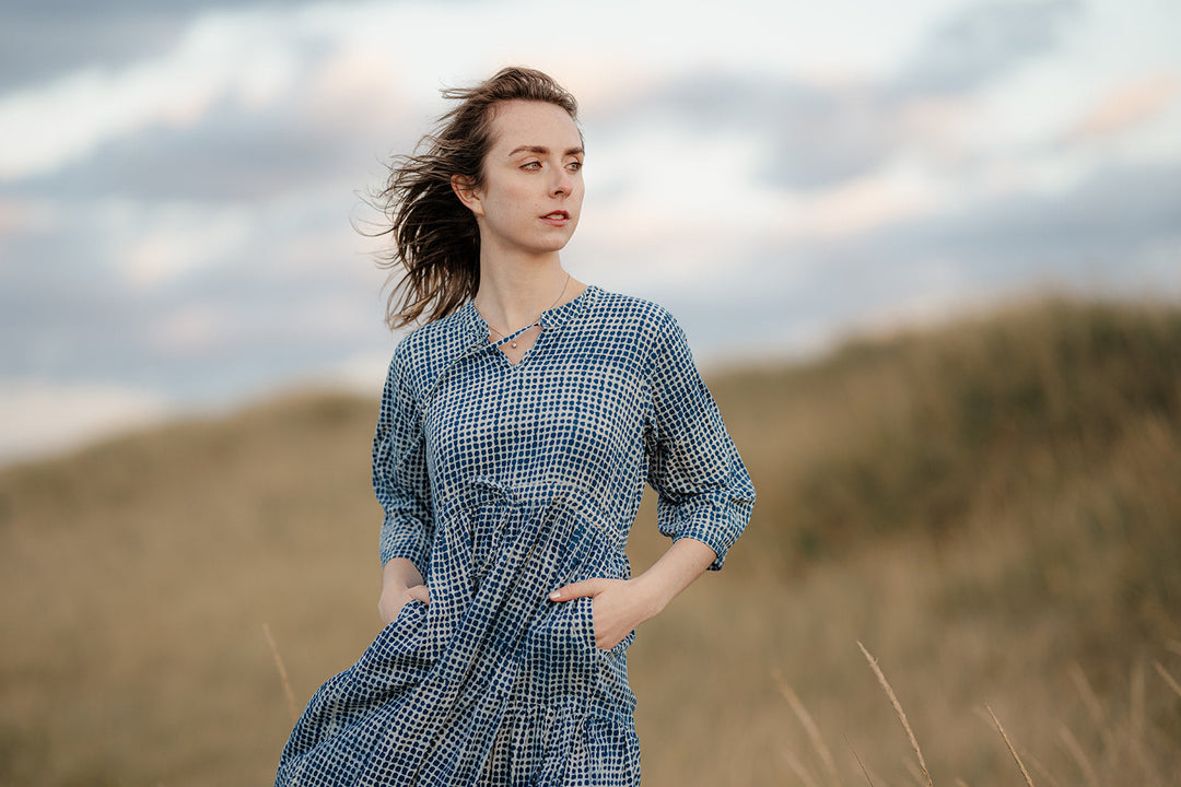 Handblock Print Dress - Blue Indigo Dot Cotton Dress