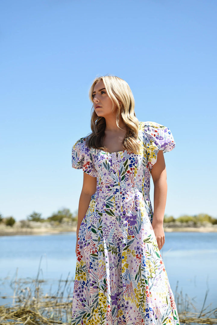 Purple Garden Scoop Neck Cotton Midi Dress