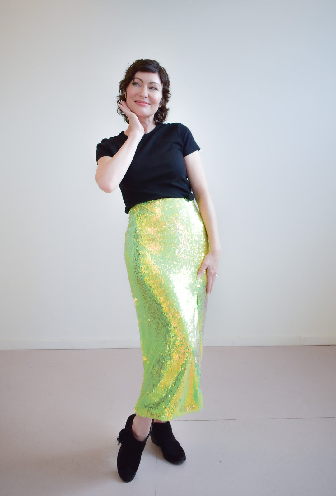 Glamorous Iridescent Line Sequin Midi Pencil Skirt With Side Split