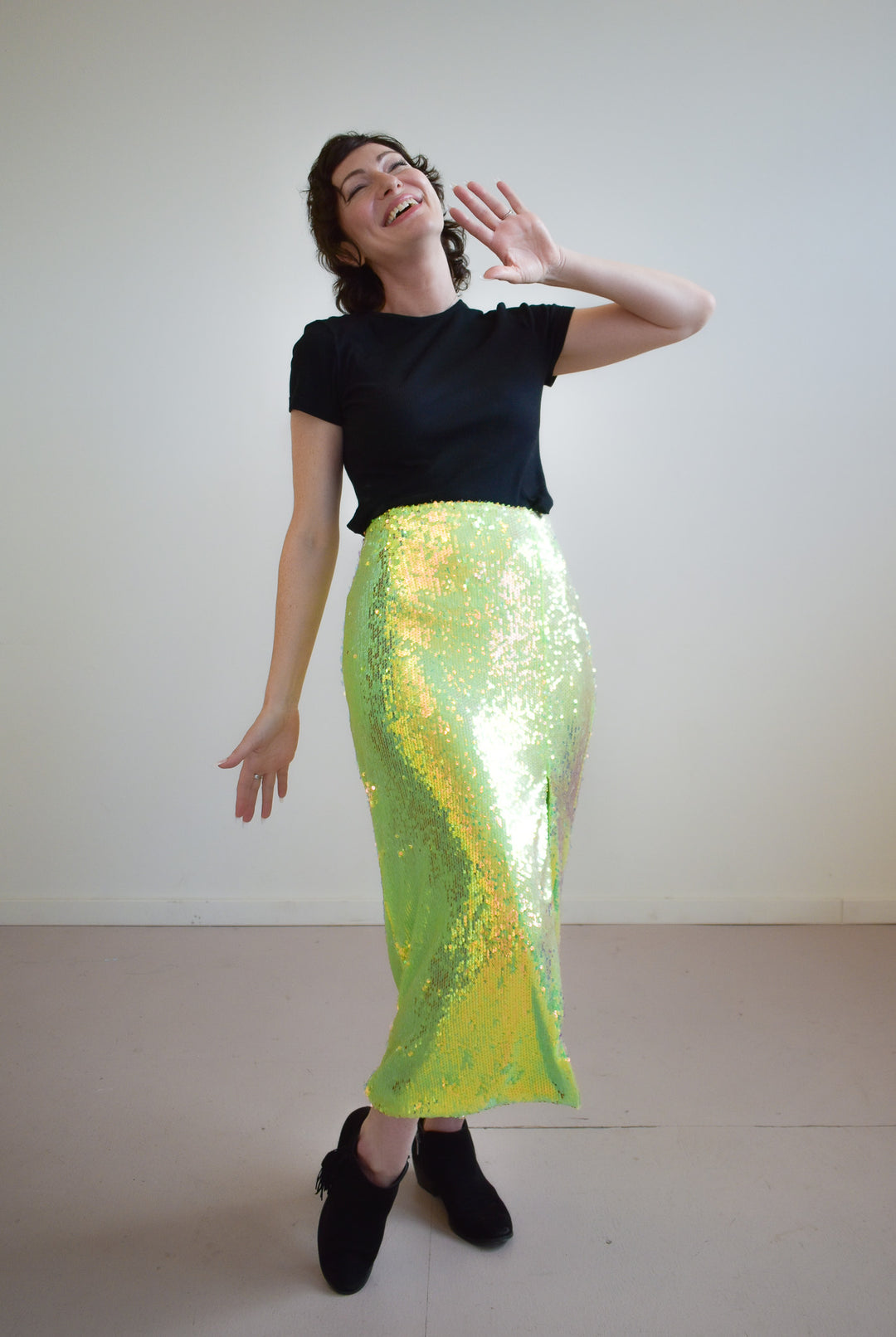 Glamorous Iridescent Line Sequin Midi Pencil Skirt With Side Split