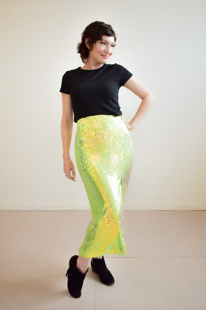 Glamorous Iridescent Line Sequin Midi Pencil Skirt With Side Split