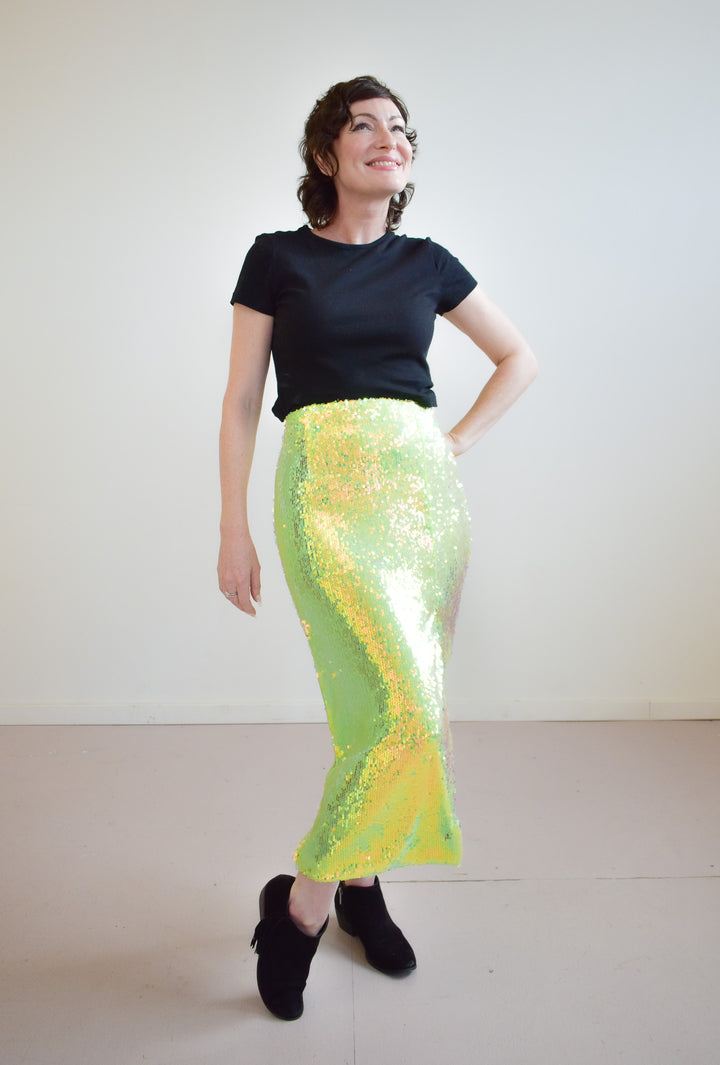 Glamorous Iridescent Line Sequin Midi Pencil Skirt With Side Split