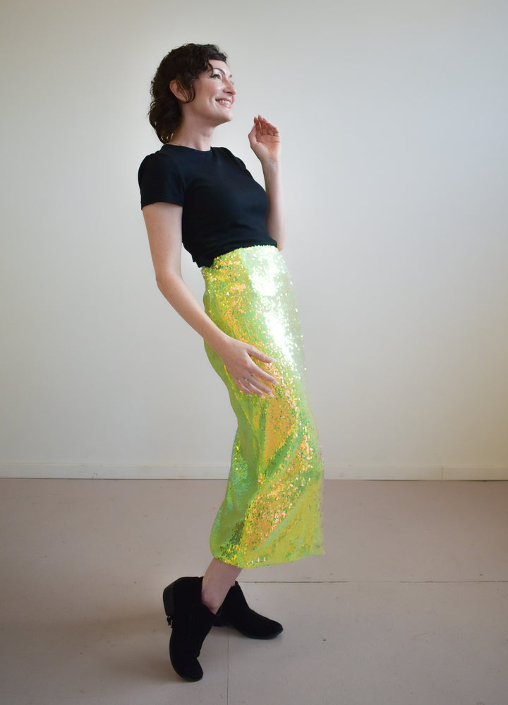 Glamorous Iridescent Line Sequin Midi Pencil Skirt With Side Split