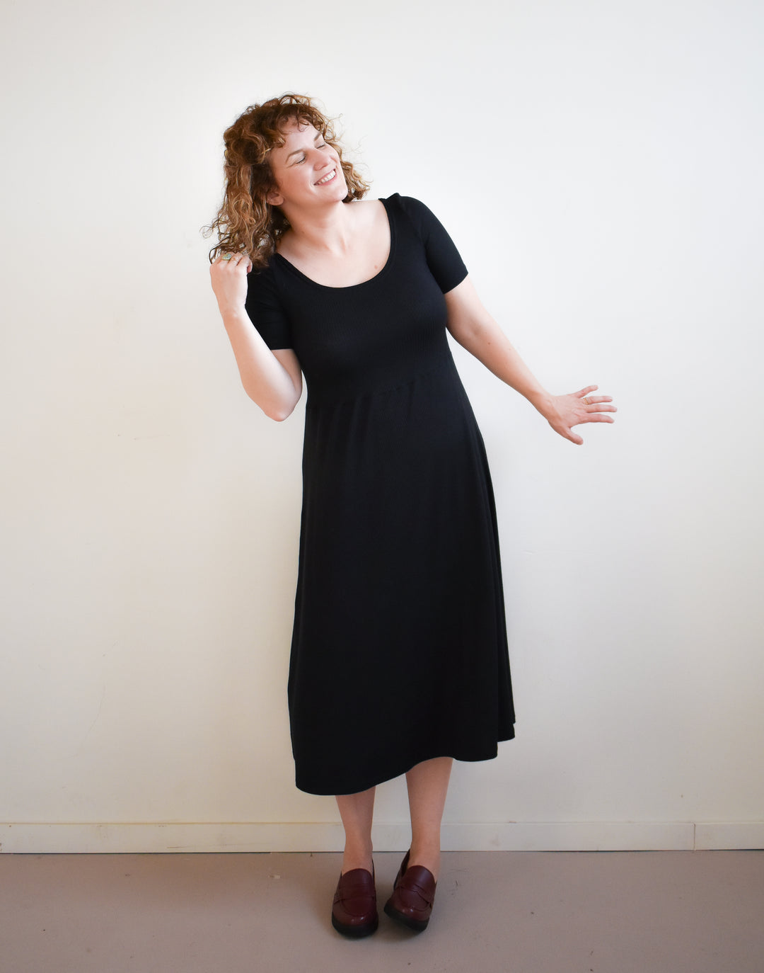 Megumi Dress in Black Ribknit Midi Sleeve