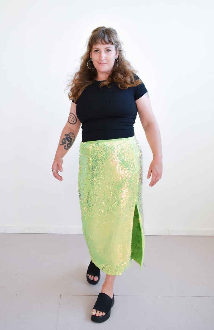 Glamorous Iridescent Line Sequin Midi Pencil Skirt With Side Split