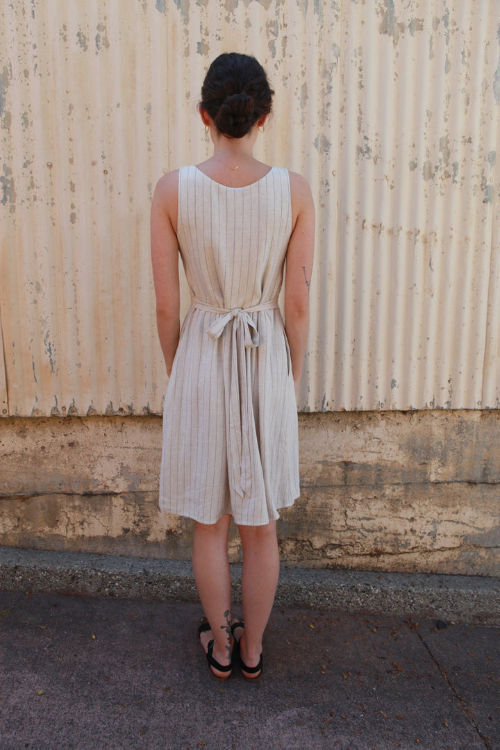 Hannah Dress in Oat Linen Stripe