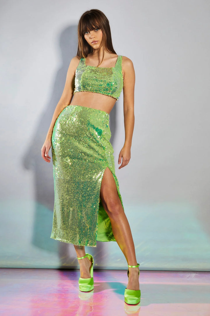 Glamorous Iridescent Line Sequin Midi Pencil Skirt With Side Split