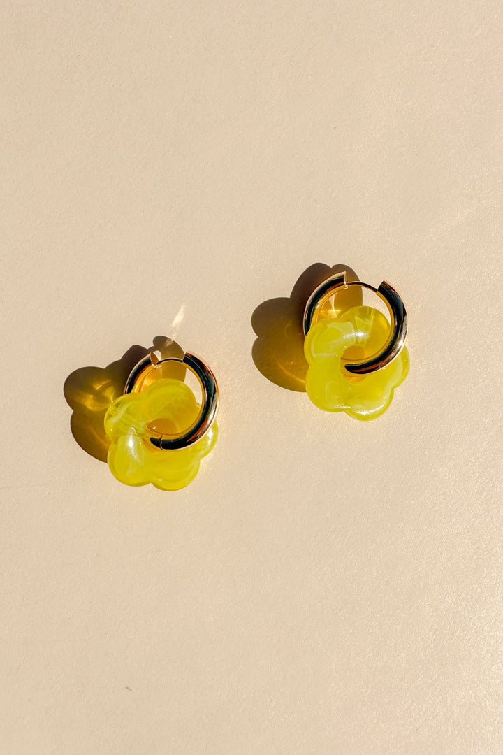 Gold Flower Hoop Earrings in Lime