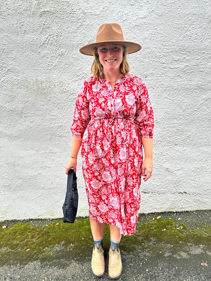 Handblock Print Dress - Red Floral Cotton Dress