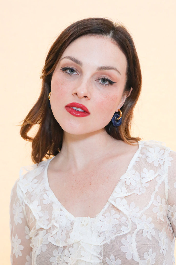 Gold Flower Hoop Earrings in Indigo