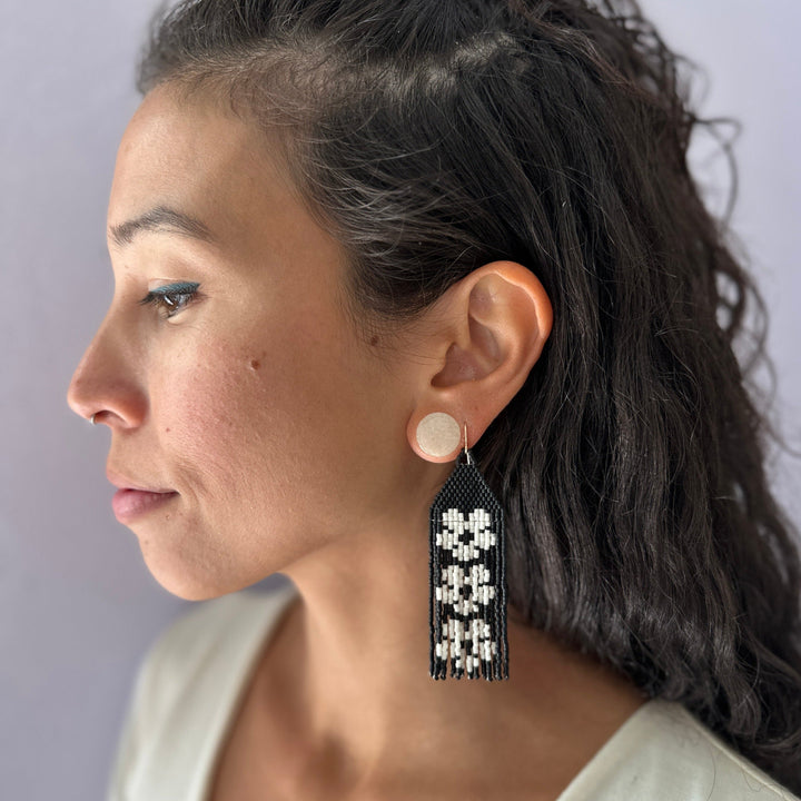 Flower Trio Beaded Earrings in Black & White