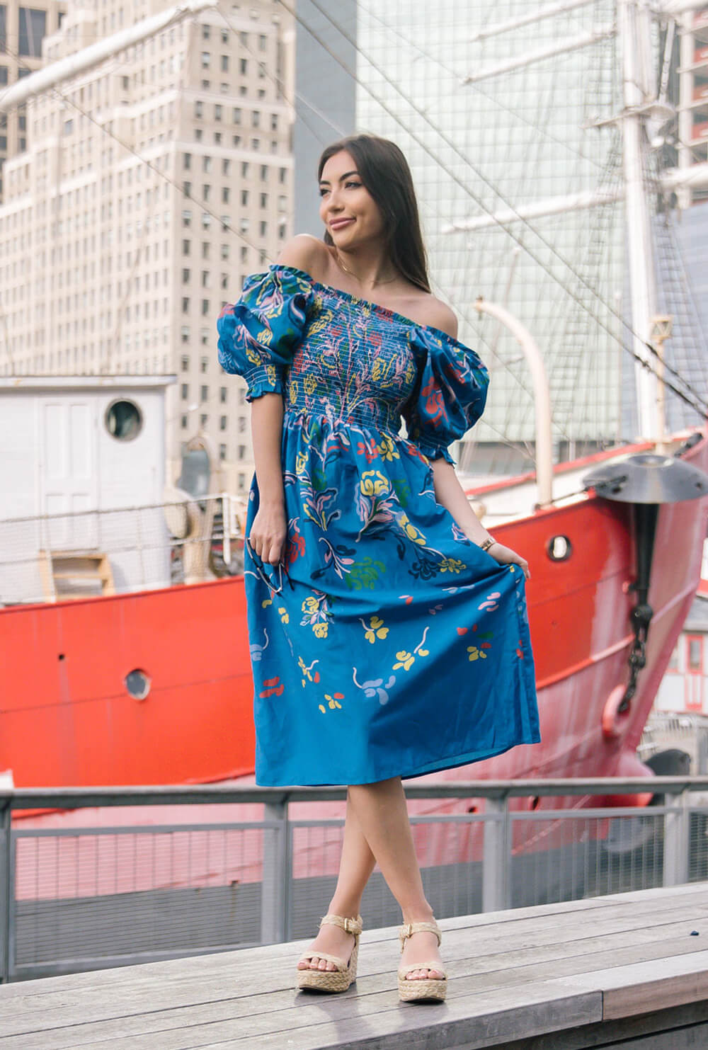 Night Flower Smocked Cotton Silk Midi Dress