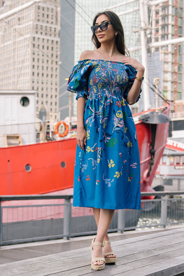 Night Flower Smocked Cotton Silk Midi Dress