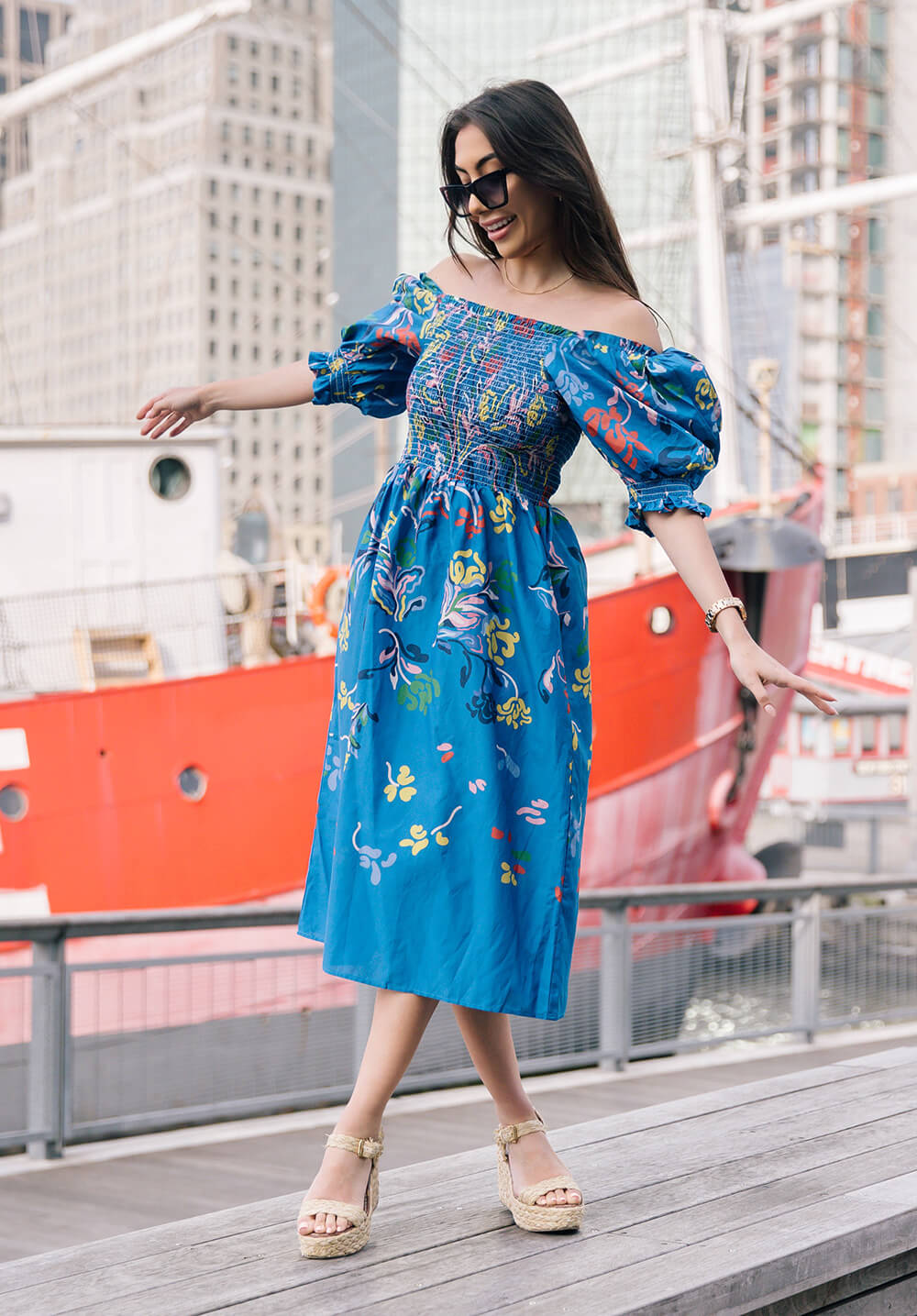 Night Flower Smocked Cotton Silk Midi Dress