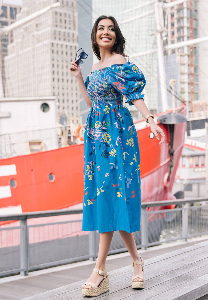 Night Flower Smocked Cotton Silk Midi Dress