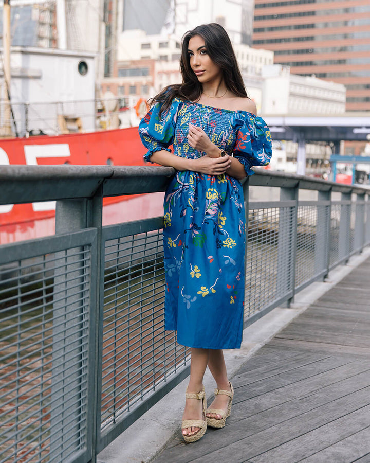 Night Flower Smocked Cotton Silk Midi Dress