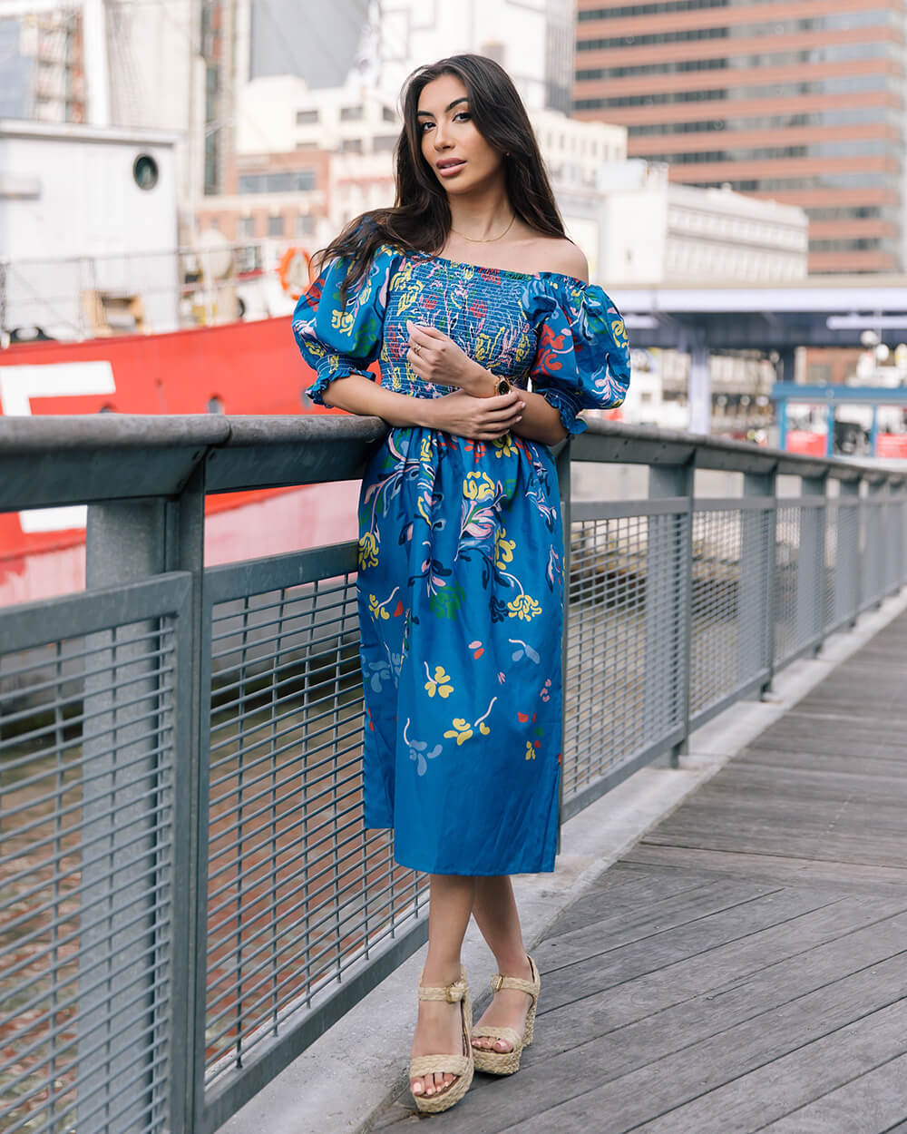 Night Flower Smocked Cotton Silk Midi Dress