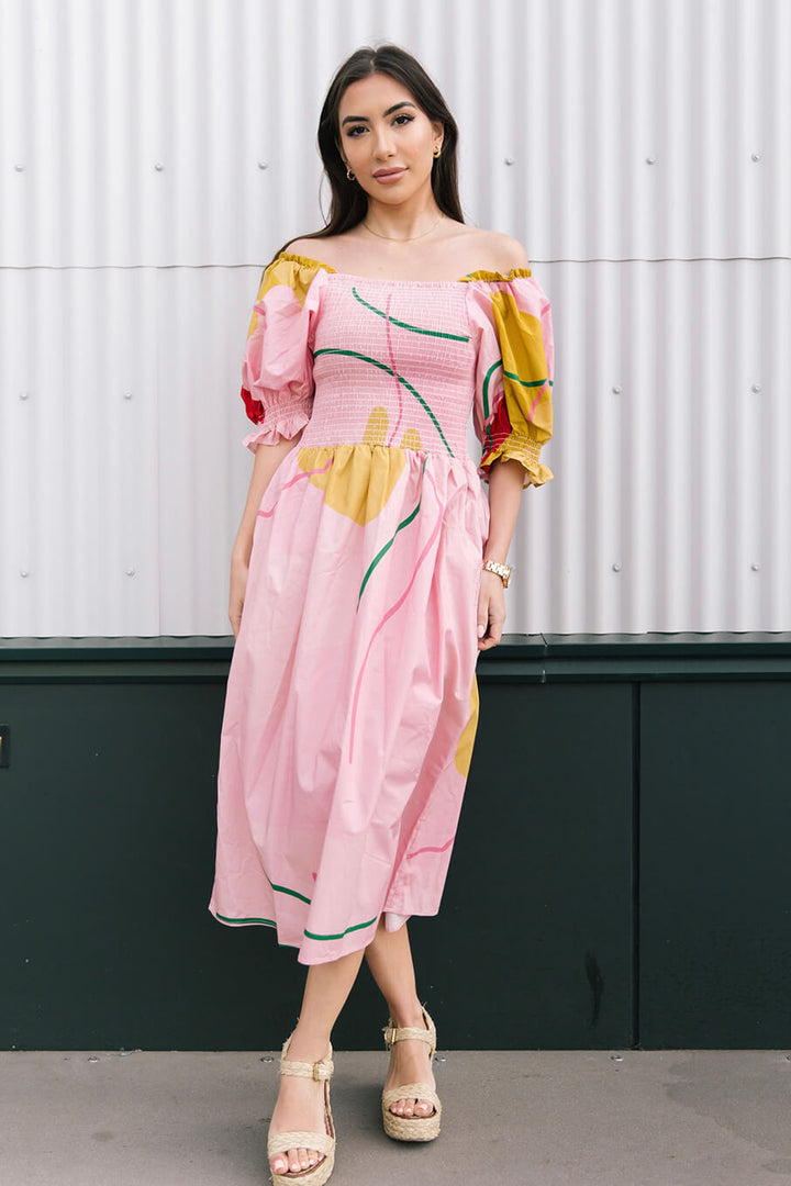 Valentina Abstract Smocked Pink Midi Dress