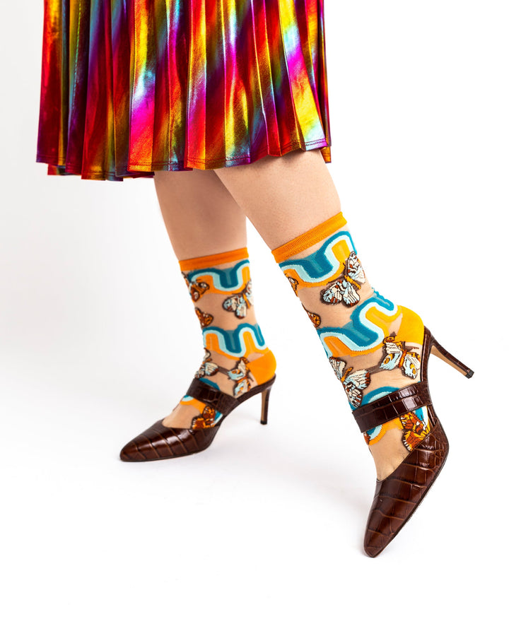 '70s Rainbow Butterfly Sheer Mid High Sock