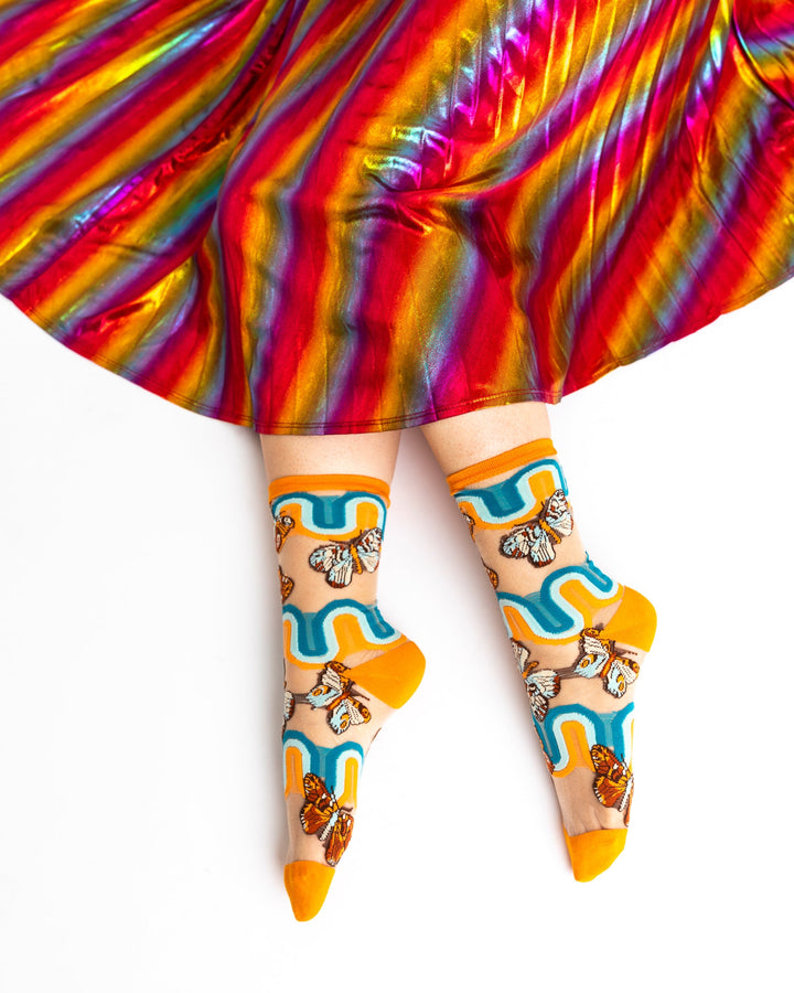 '70s Rainbow Butterfly Sheer Mid High Sock