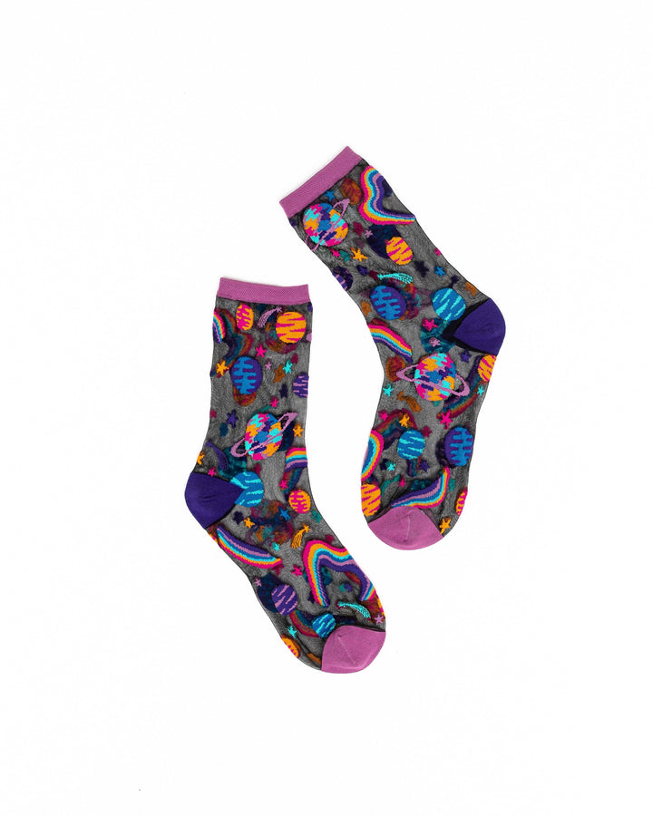 Pop Art Planets Black Sheer Crew Sock