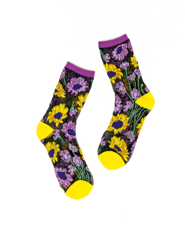 Mixed Sunflowers Black Sheer Crew Sock