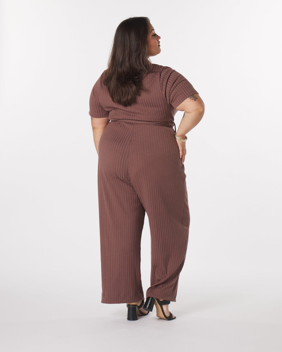 “Lucia" Knit Belted Jumpsuit in Acorn