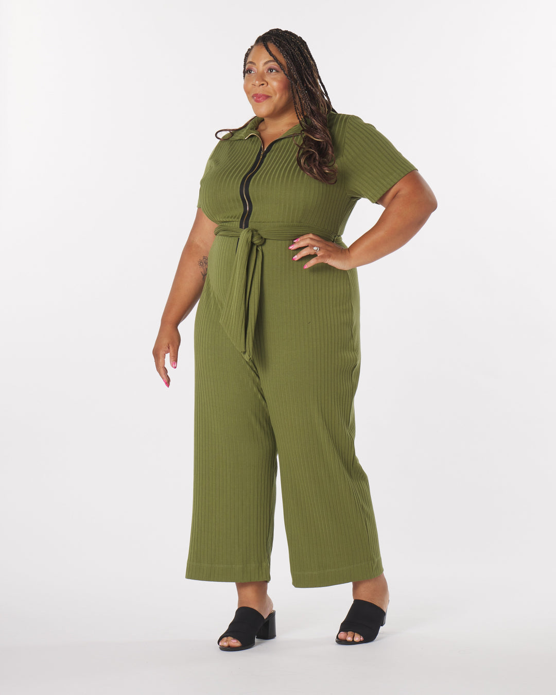 “Lucia" Knit Belted Jumpsuit in Olive