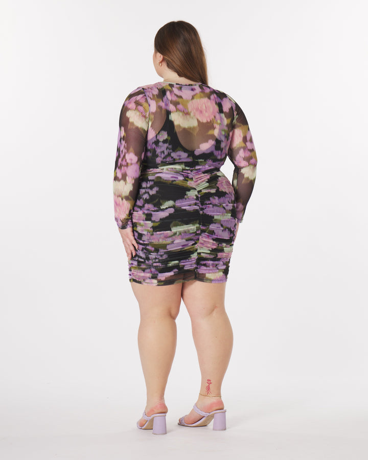 “Sara” Mini Ruche Dress in Jaded Floral