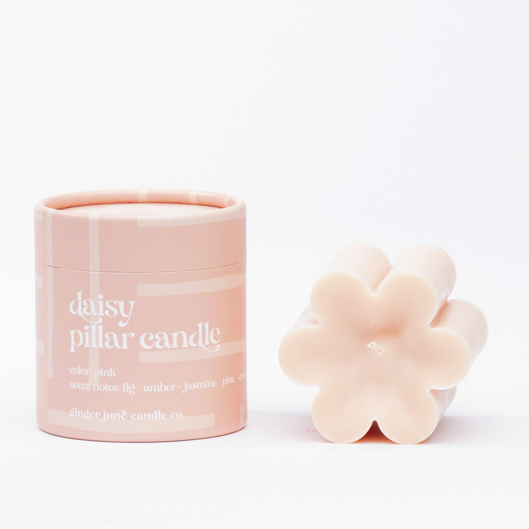 pink daisy pillar candle