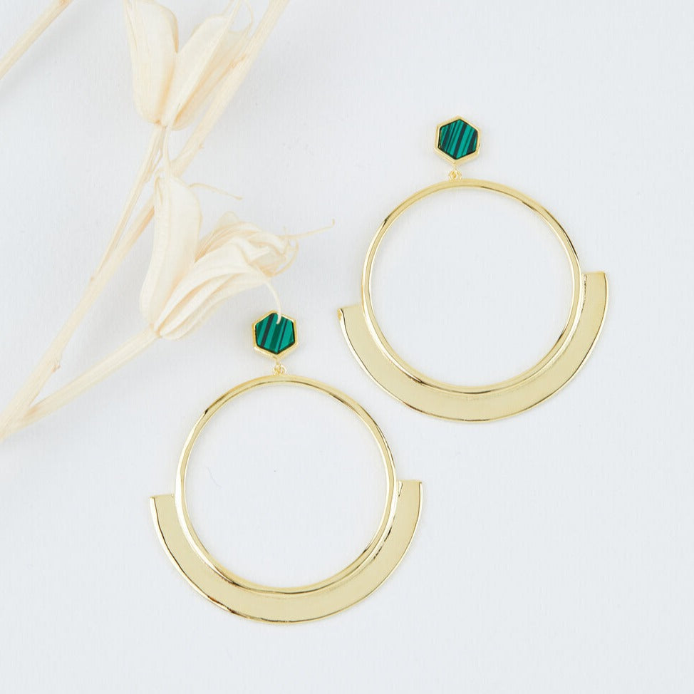 Hexagonal Malachite Gold Hoop Post Earrings