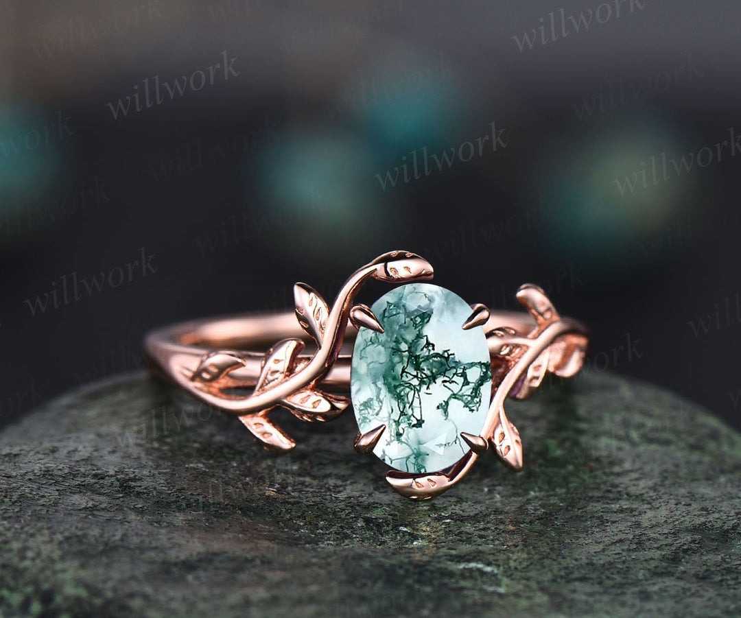 moss agate engagement ring leaf flower