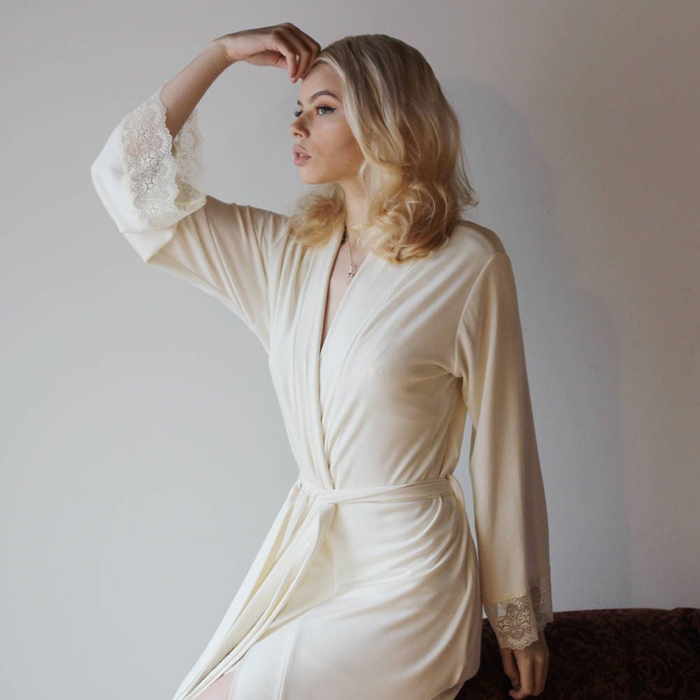 bride robe in bamboo jersey with lace trimmed bell sleeves