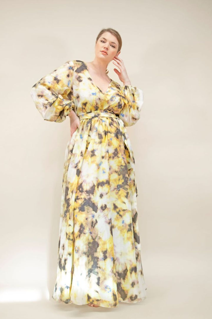 FULL SLEEVED YELLOW INK DYED MAXI DRESS- JIBRI