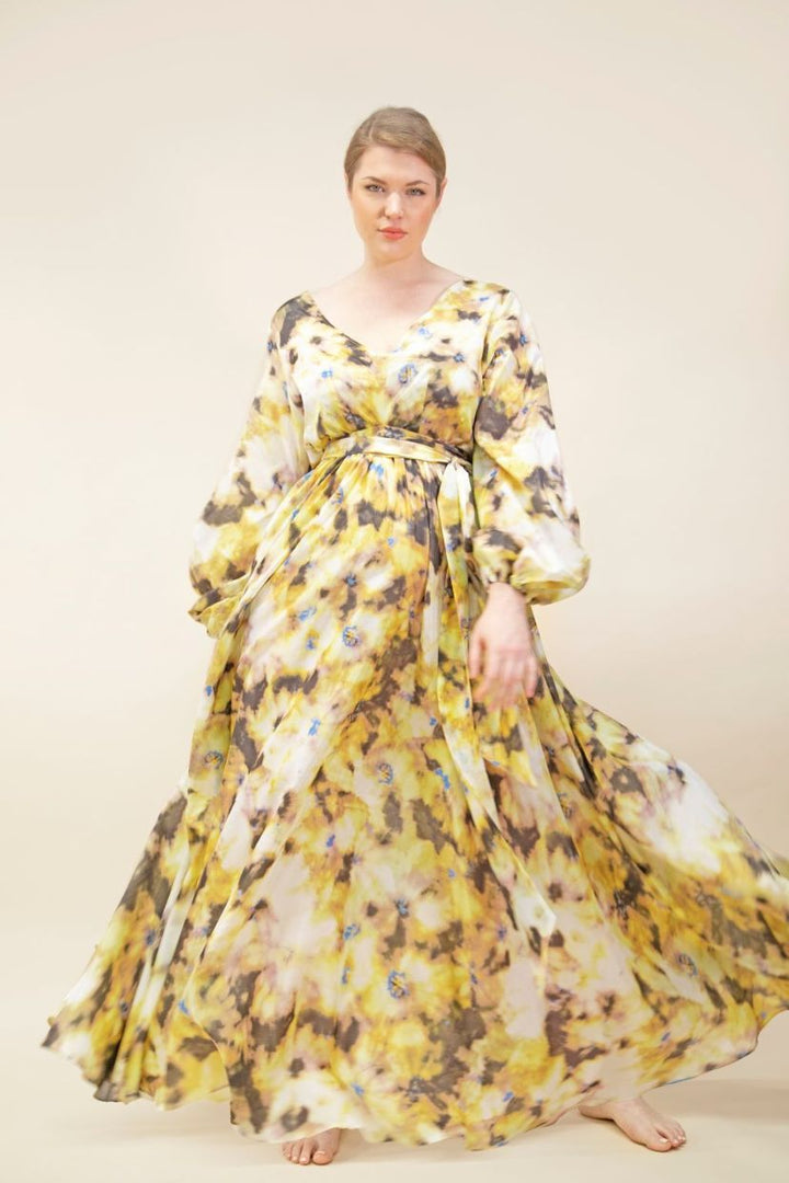 FULL SLEEVED YELLOW INK DYED MAXI DRESS- JIBRI