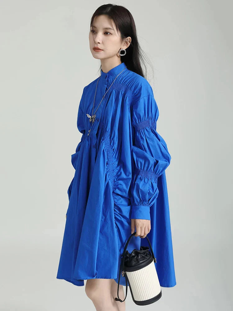 Hotaru Long Sleeve Pleated Shirt Dress - Blue