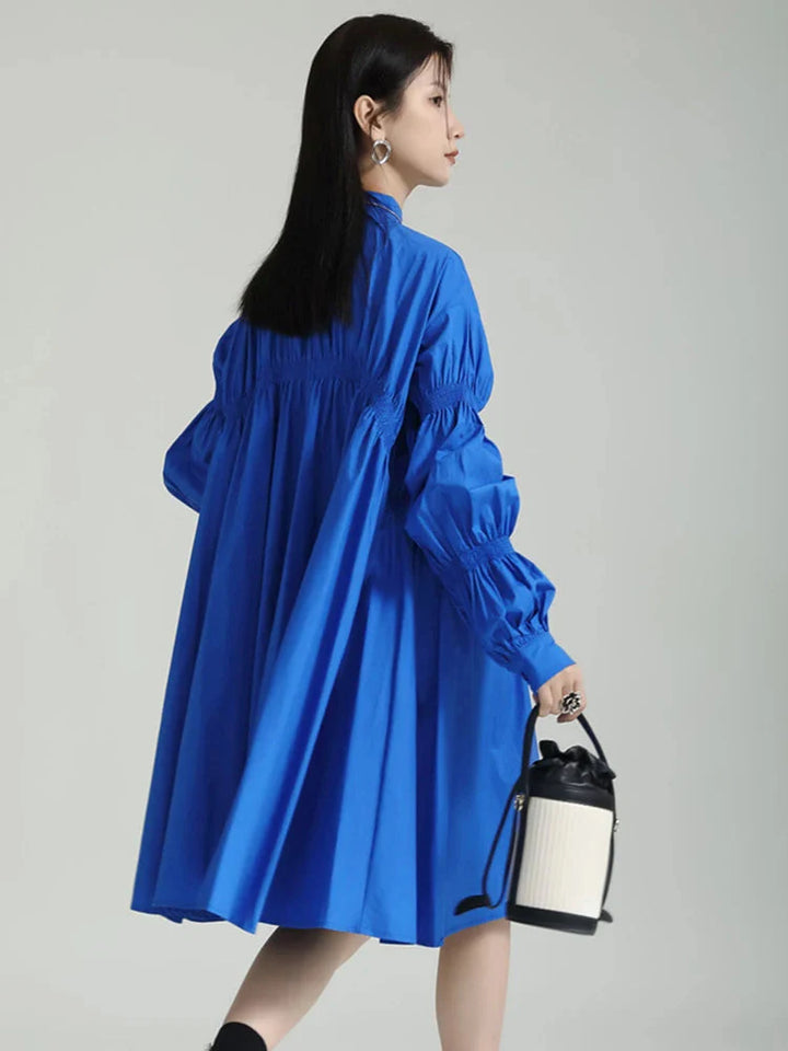 Hotaru Long Sleeve Pleated Shirt Dress - Blue