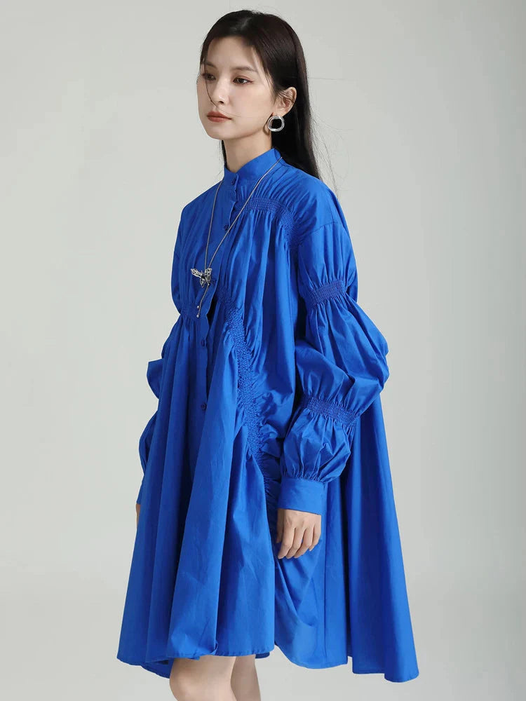 Hotaru Long Sleeve Pleated Shirt Dress - Blue