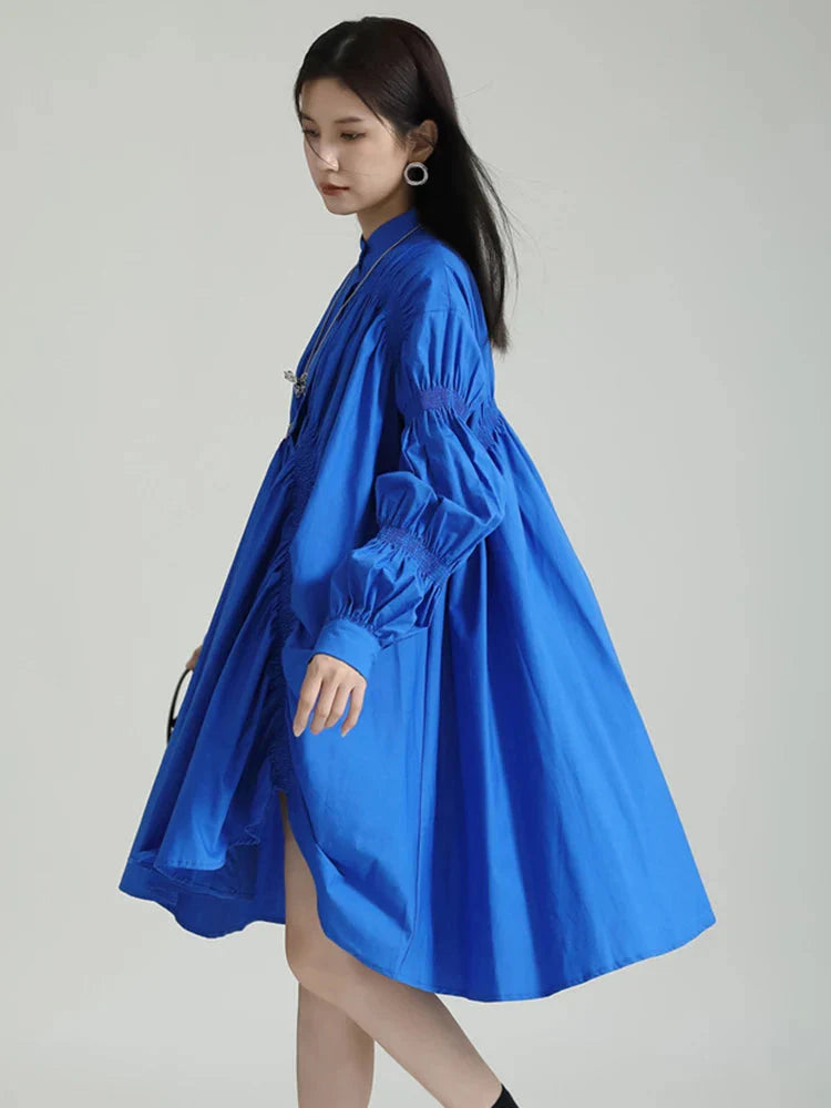 Hotaru Long Sleeve Pleated Shirt Dress - Blue