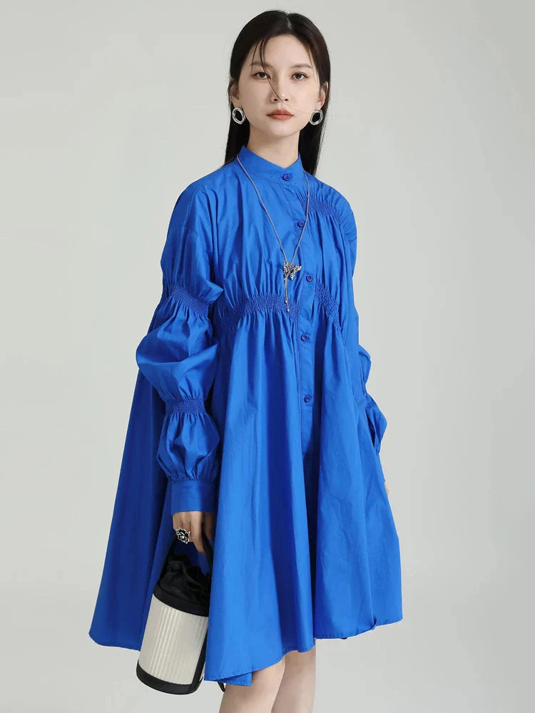 Hotaru Long Sleeve Pleated Shirt Dress - Blue