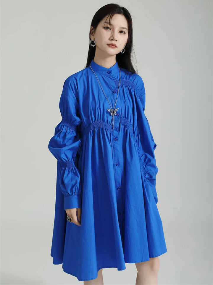 Hotaru Long Sleeve Pleated Shirt Dress - Blue